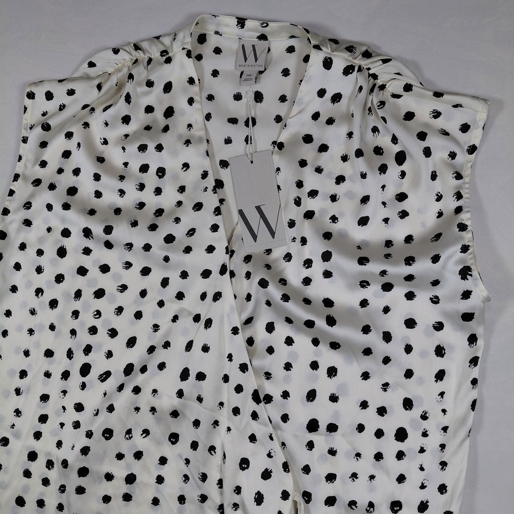 Worthington Womens‎ PM Petite White Black Polka Dot Satin Wrap Sleeveless Blouse